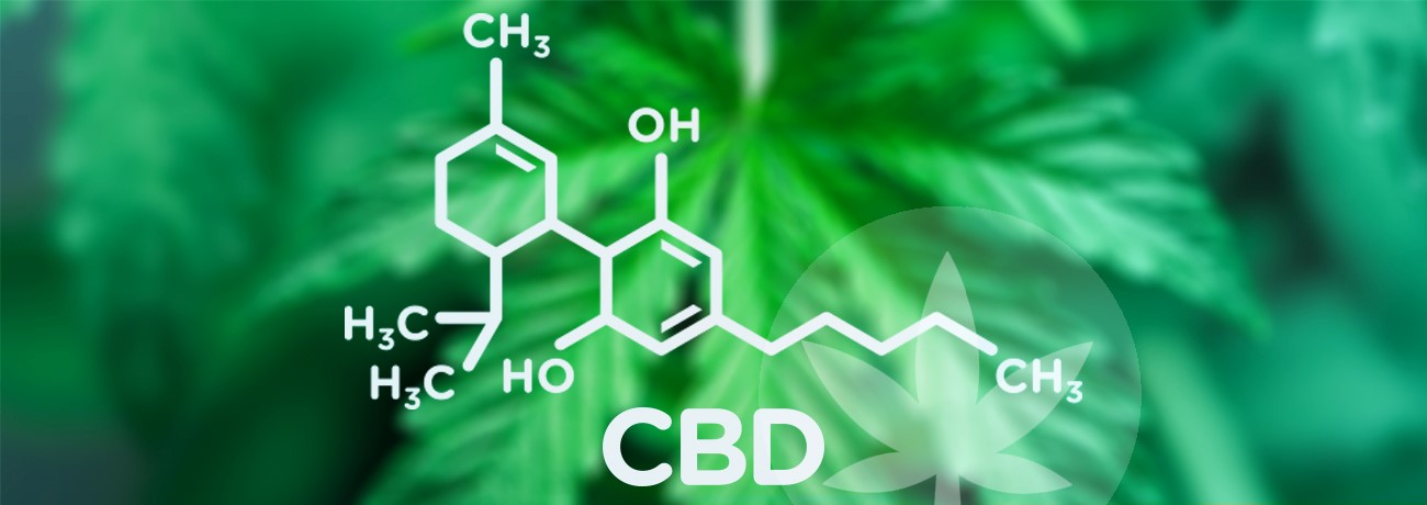image of cannabis with molecular formula of CBD 